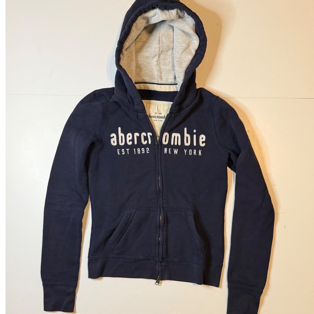 Vtg Abercrombie & Fitch Y2K Hoodie Large Navy Zip Up Logo Fleece Sweatshirt